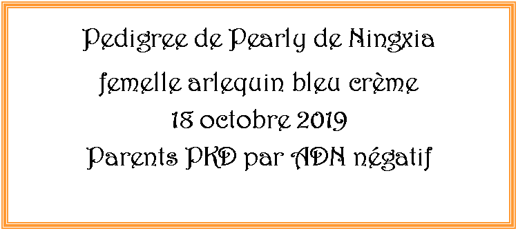 Zone de Texte: Pedigree de Pearly de Ningxiafemelle arlequin bleu crme 18 octobre 2019Parents PKD par ADN ngatif