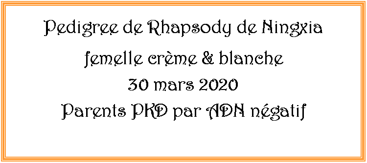 Zone de Texte: Pedigree de Rhapsody de Ningxiafemelle crème & blanche30 mars 2020Parents PKD par ADN négatif